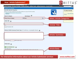 How  Article Submission?Sign In/Join Now              Select Article Categorieswww.ewittas.com For Interactive Information about our Article Submission services