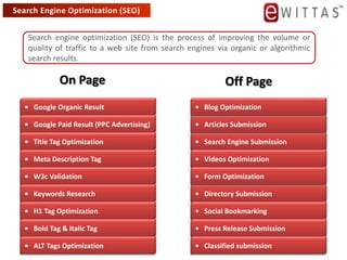 Search Engine Optimization (SEO) Search engine optimization (SEO) is the process of improving the volume or quality of traffic to a web site from search engines via organic or algorithmic search results. On Page Off Page •   Google Organic Result •   Blog Optimization •   Google Paid Result (PPC Advertising) •   Articles Submission •   Title Tag Optimization •   Search Engine Submission •   Meta Description Tag •   Videos Optimization •   W3c Validation •   Form Optimization •   Keywords Research •   Directory Submission •   H1 Tag Optimization •   Social Bookmarking •   Bold Tag & Italic Tag •   Press Release Submission •   ALT Tags Optimization •   Classified submission 