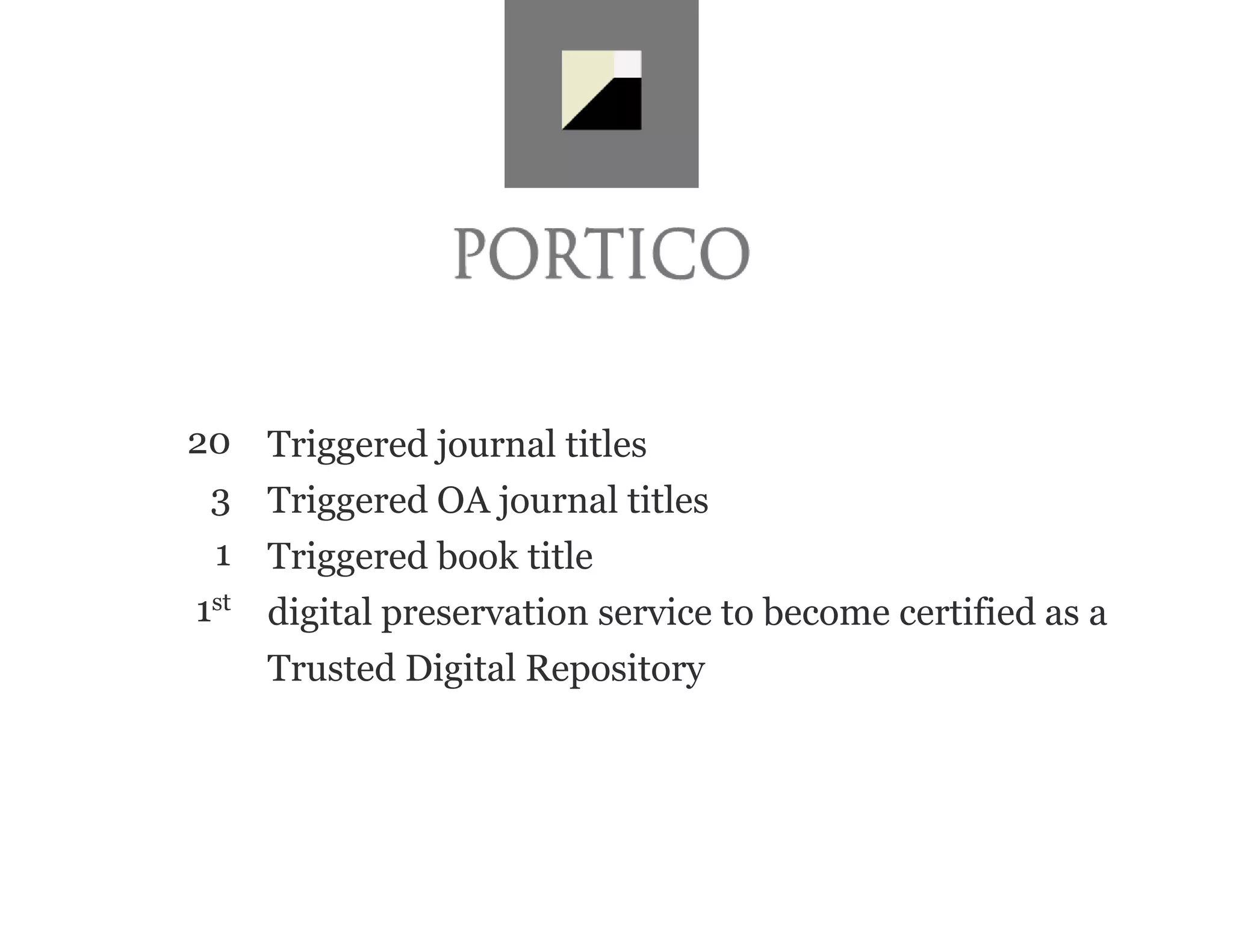 20 Triggered journal titles
3 Triggered OA journal titles
1 Triggered book title
1st
digital preservation service to become certified as a
Trusted Digital Repository
 
