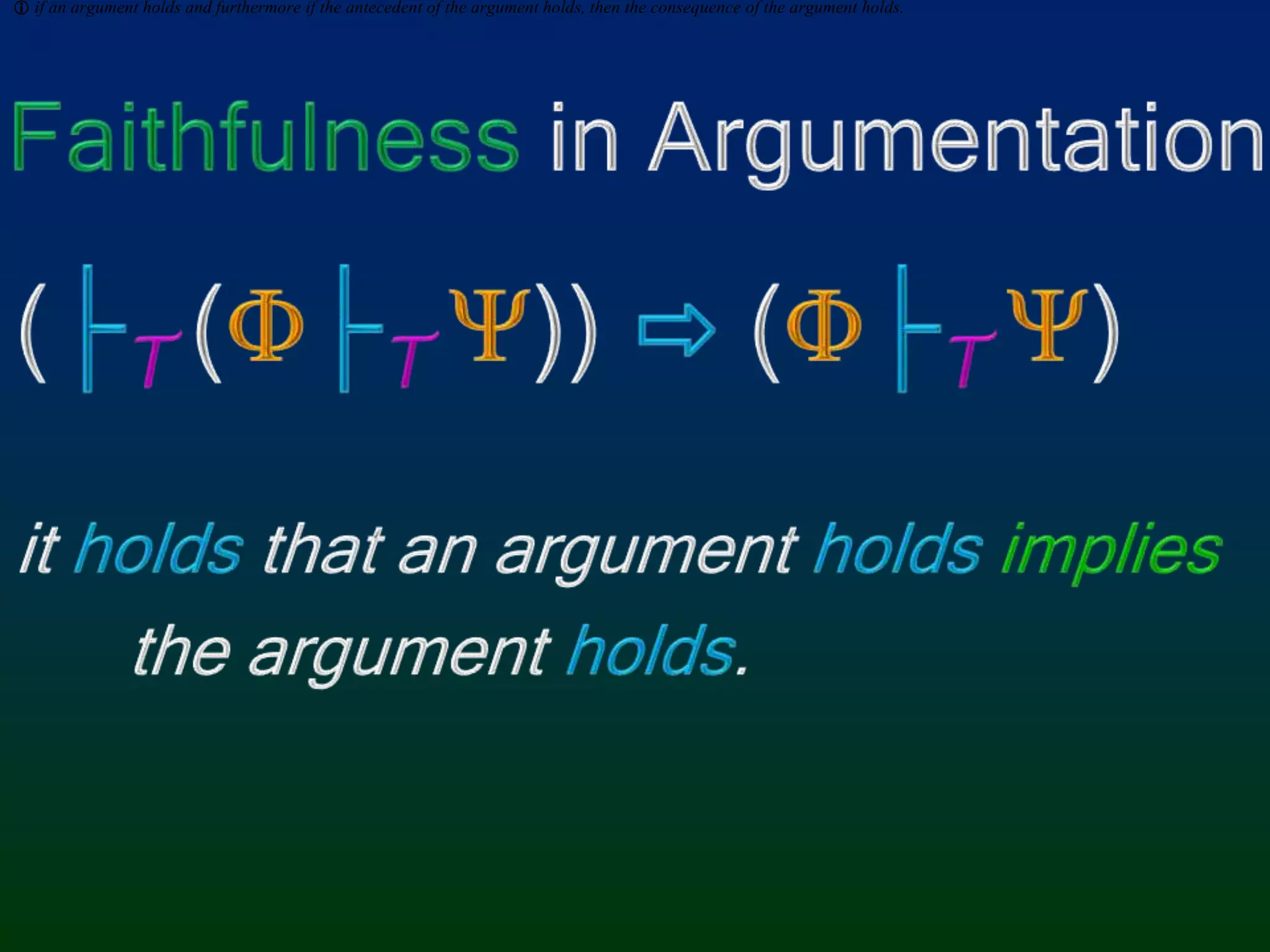  if an argument holds and furthermore if the antecedent of the argument holds, then the consequence of the argument holds.Faithfulness in Argumentation(├T(├T))⇨ (├T)it holds that an argument holdsimplies      the argument holds.
