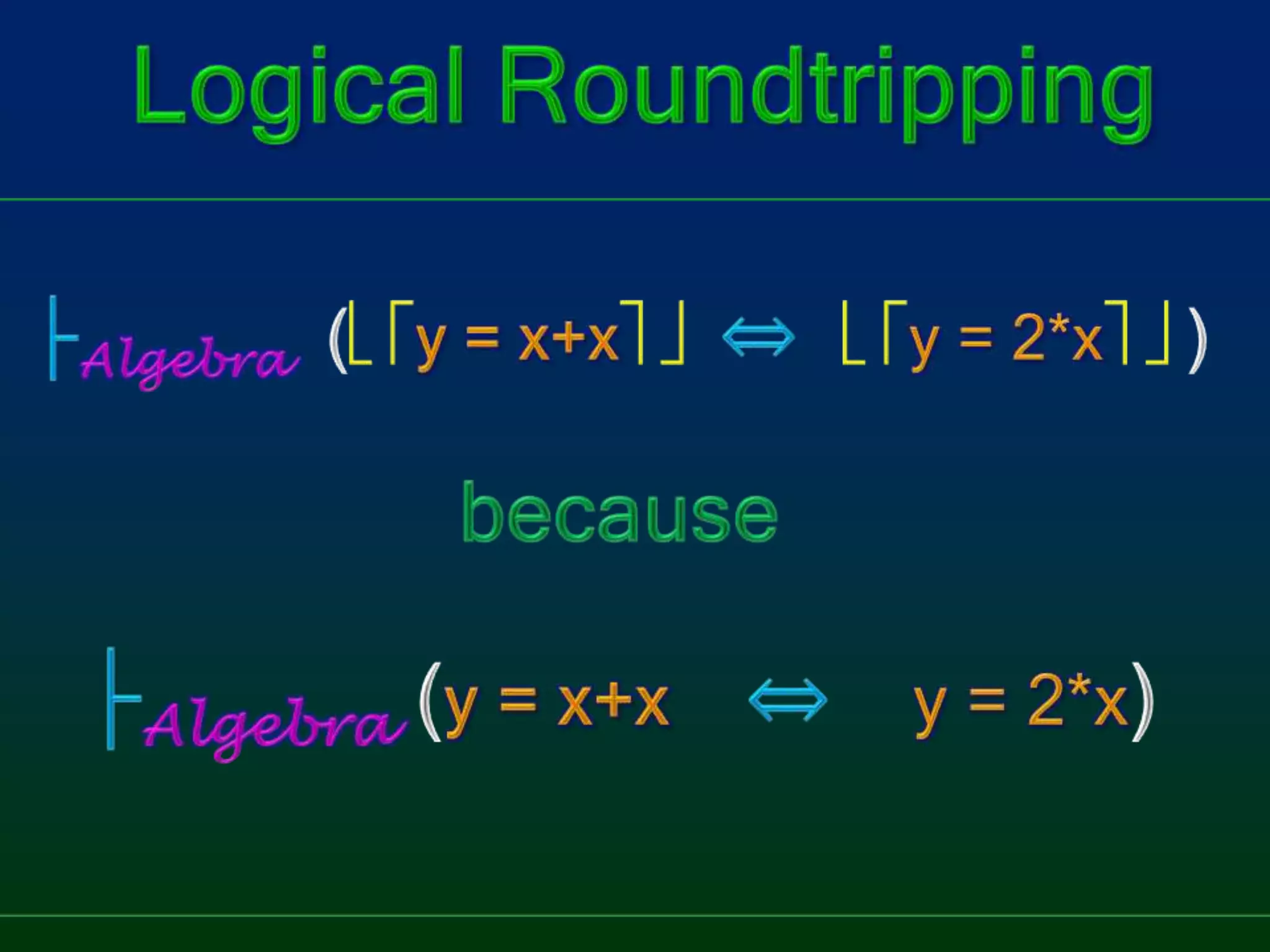 Logical Roundtripping├Algebra  (y = x+x⇔y = 2*x )because├Algebra(y = x+x⇔y = 2*x)