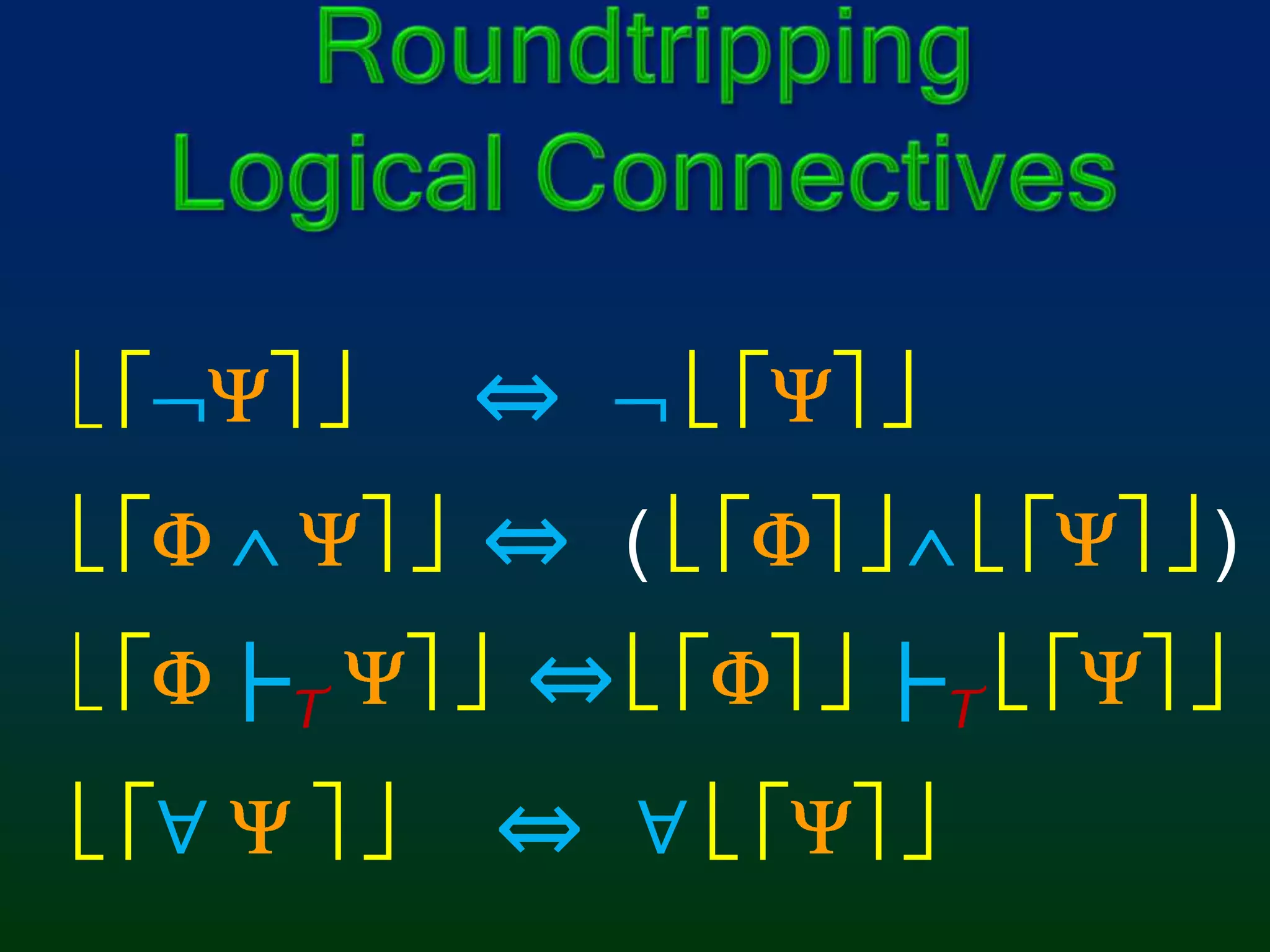 RoundtrippingLogical Connectives ⇔  ⇔ () ├T⇔ ├T∀ ⇔∀