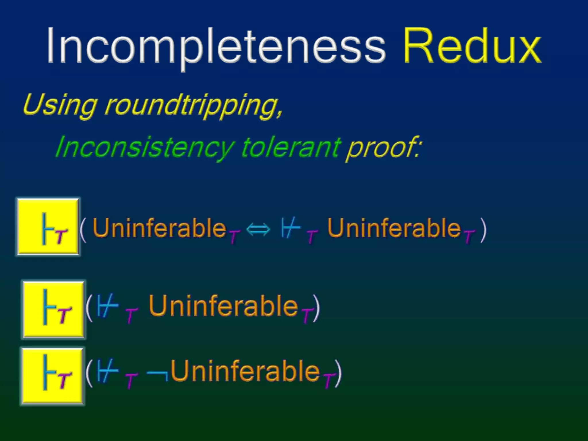 Incompleteness Redux Using roundtripping,Inconsistency tolerant proof:├T(UninferableT⇔⊬T UninferableT)├T(⊬TUninferableT)├T(⊬TUninferableT)