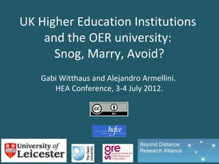 UK Higher Education Institutions
    and the OER university:
      Snog, Marry, Avoid?
   Gabi Witthaus and Alejandro Armellini.
      HEA Conference, 3-4 July 2012.
 