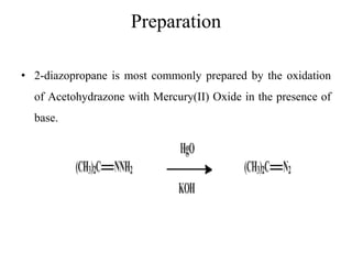 Preparation
• 2-diazopropane is most commonly prepared by the oxidation
of Acetohydrazone with Mercury(II) Oxide in the presence of
base.
 
