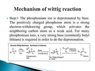  Step:1 The phosphonium ion is deprotonated by base.
The positively charged phosphorus atom is a strong
electron-withdrawing group, which activates the
neighboring carbon atom as a weak acid. For many
phosphonium ions, a very strong base (commonly butyl
lithium) is required in order to do the deprotonation.
 