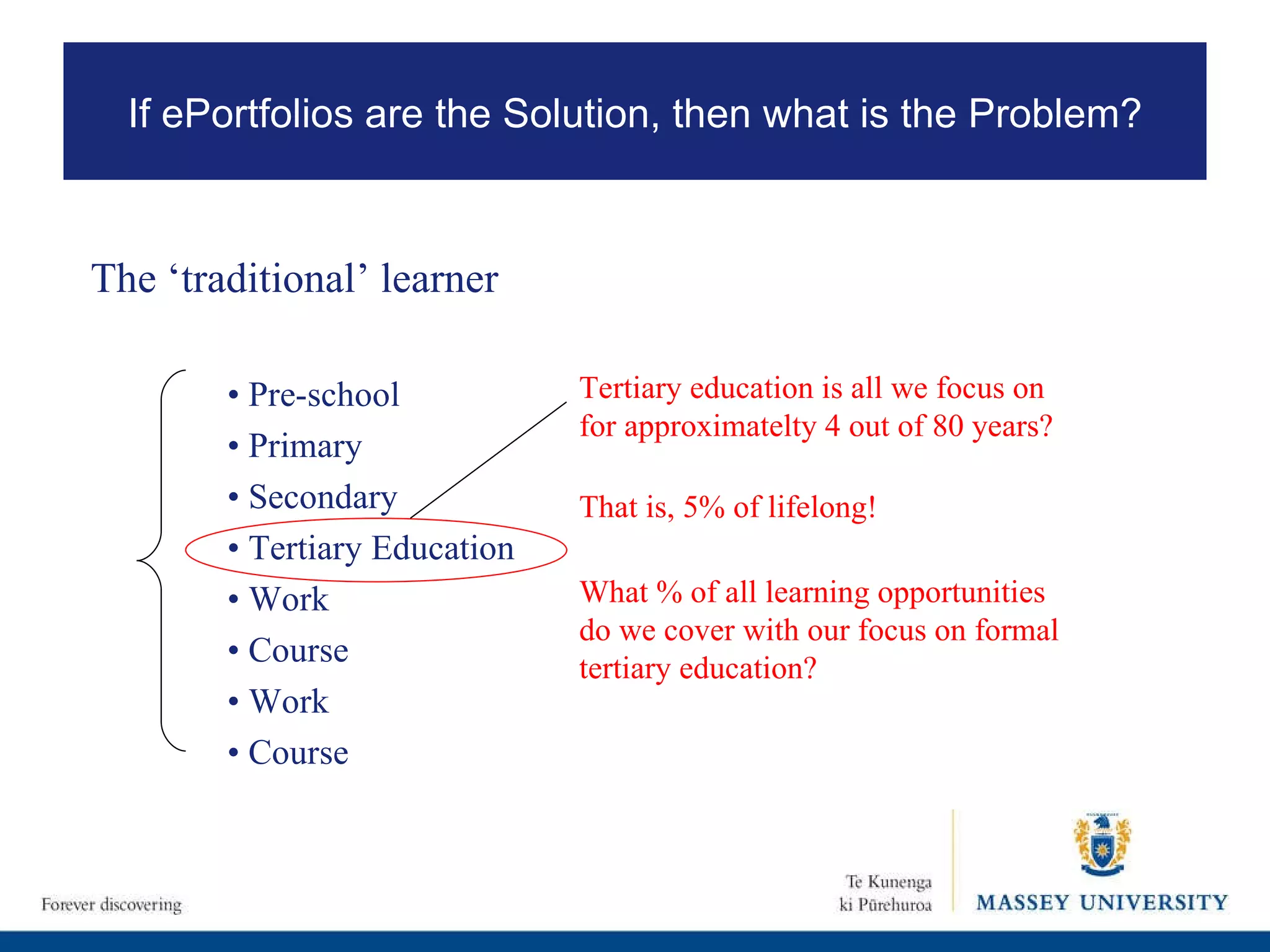 Tertiary education is all we focus on for approximatelty 4 out of 80 years? That is, 5% of lifelong! What % of all learning opportunities do we cover with our focus on formal tertiary education? The ‘traditional’ learner •  Pre-school •  Primary •  Secondary •  Tertiary Education •  Work •  Course •  Work •  Course If ePortfolios are the Solution, then what is the Problem? 