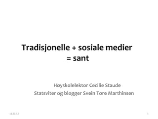 Statsviter og blogger Svein Tore Marthinsen Høyskolelektor Cecilie Staude Tradisjonelle + sosiale medier  = sant 11.02.12 