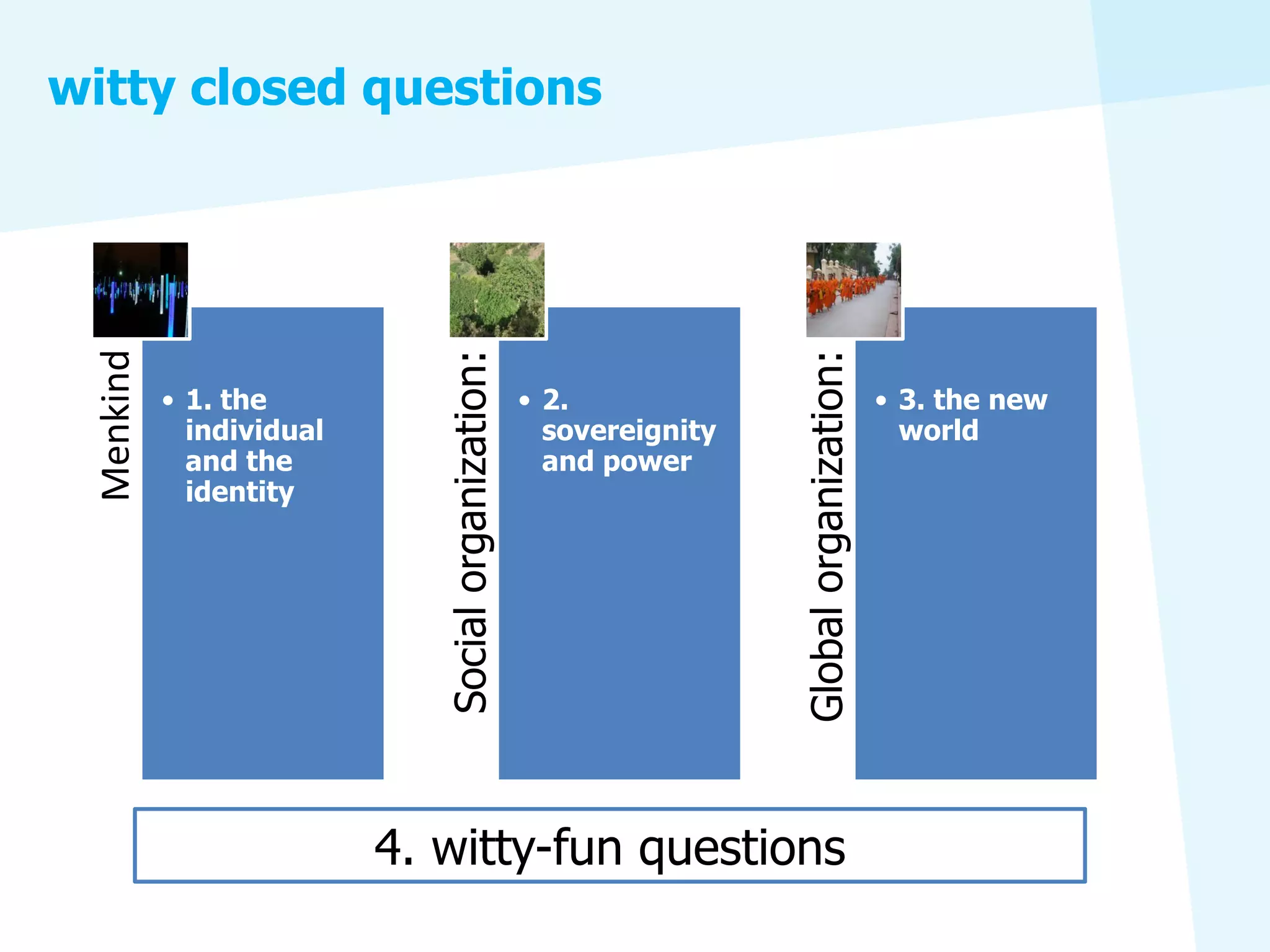 witty closed questions
 Menkind




                             Social organization:




                                                                     Global organization:
           • 1. the                                 • 2.                                    • 3. the new
             individual                               sovereignity                            world
             and the                                  and power
             identity




                          4. witty-fun questions
 