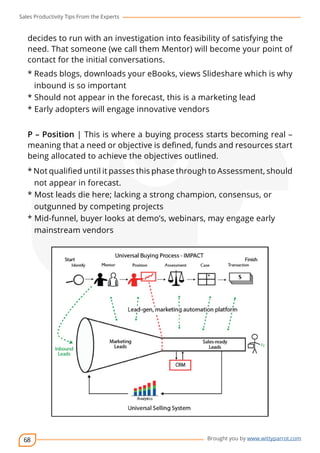 Sales Productivity Tips From the Experts 
decides to run with an investigation into feasibility of satisfying the 
need. That someone (we call them Mentor) will become your point of 
contact for the initial conversations. 
* Reads blogs, downloads your eBooks, views Slideshare which is why 
inbound is so important 
* Should not appear in the forecast, this is a marketing lead 
* Early adopters will engage innovative vendors 
P – Position | This is where a buying process starts becoming real – 
meaning that a need or objective is defined, funds and resources start 
being allocated to achieve the objectives outlined. 
* Not qualified until it passes this phase through to Assessment, should 
not appear in forecast. 
* Most leads die here; lacking a strong champion, consensus, or 
outgunned by competing projects 
* Mid-funnel, buyer looks at demo’s, webinars, may engage early 
mainstream vendors 
68 
cov-er 
Brought you by www.wittyparrot.com 
 