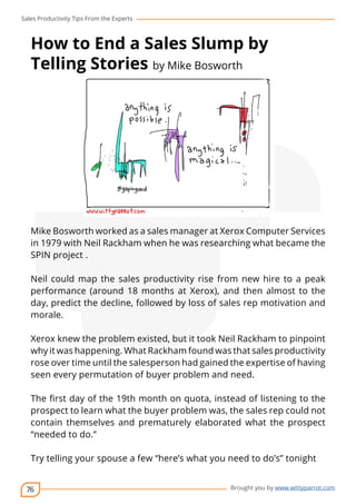 Sales Productivity Tips From the Experts 
How to End a Sales Slump by 
Telling Stories by Mike Bosworth 
Mike Bosworth worked as a sales manager at Xerox Computer Services 
in 1979 with Neil Rackham when he was researching what became the 
SPIN project . 
Neil could map the sales productivity rise from new hire to a peak 
performance (around 18 months at Xerox), and then almost to the 
day, predict the decline, followed by loss of sales rep motivation and 
morale. 
Xerox knew the problem existed, but it took Neil Rackham to pinpoint 
why it was happening. What Rackham found was that sales productivity 
rose over time until the salesperson had gained the expertise of having 
seen every permutation of buyer problem and need. 
The first day of the 19th month on quota, instead of listening to the 
prospect to learn what the buyer problem was, the sales rep could not 
contain themselves and prematurely elaborated what the prospect 
“needed to do.” 
Try telling your spouse a few “here’s what you need to do’s” tonight 
76 
cov-er 
Brought you by www.wittyparrot.com 
 