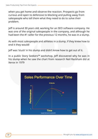 Sales Productivity Tips From the Experts 
when you get home and observe the reaction. Prospects go from 
curious and open to defensive to blocking and pulling away from 
salespeople who tell them what they need to do to solve their 
problem. 
Jeff is around 30 years old, working for an SEO software company. He 
was one of the original salespeople in the company, and although he 
had been the #1 seller for the previous 12 months, he was in a slump. 
As with most salespeople and athletes in a slump, if they knew how to 
end it they would! 
Jeff was ‘stuck’ in his slump and didn’t know how to get out of it. 
In a public Story Seekers™ workshop, Jeff discovered why he was in 
his slump when he saw the chart from research Neil Rackham did at 
Xerox in 1979 
77 
cov-er 
Brought you by www.wittyparrot.com 
 