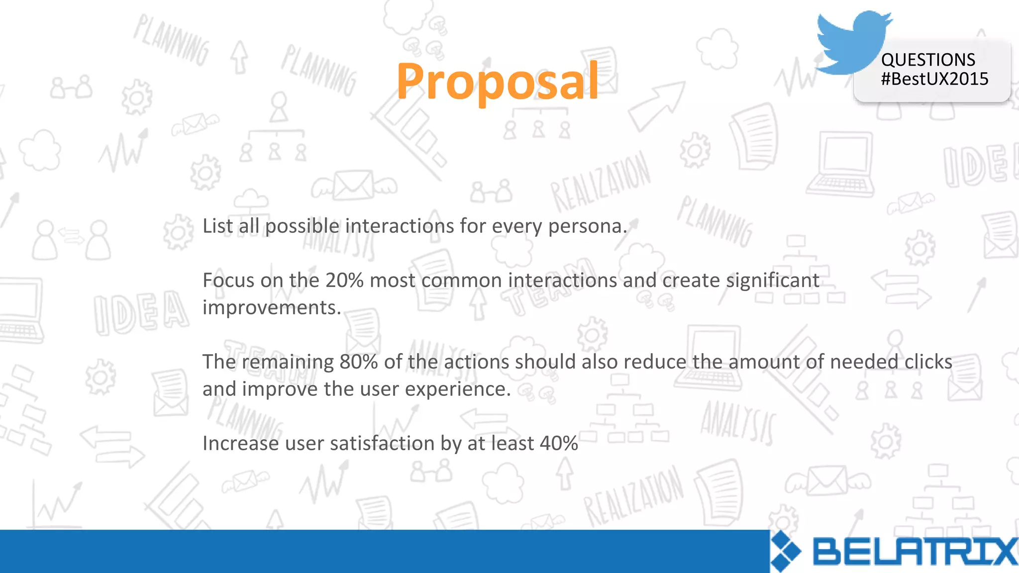 Proposal
List all possible interactions for every persona.
Focus on the 20% most common interactions and create significant
improvements.
The remaining 80% of the actions should also reduce the amount of needed clicks
and improve the user experience.
Increase user satisfaction by at least 40%
QUESTIONS
#BestUX2015
 