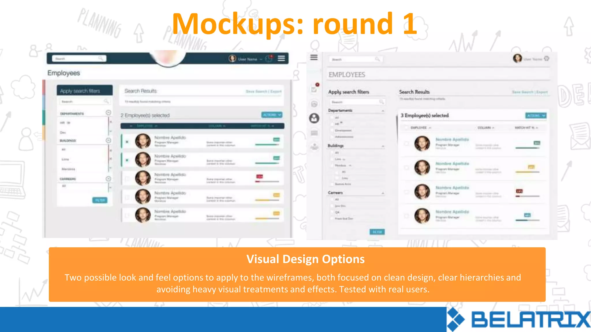 Visual Design Options
Mockups: round 1
Two possible look and feel options to apply to the wireframes, both focused on clean design, clear hierarchies and
avoiding heavy visual treatments and effects. Tested with real users.
 