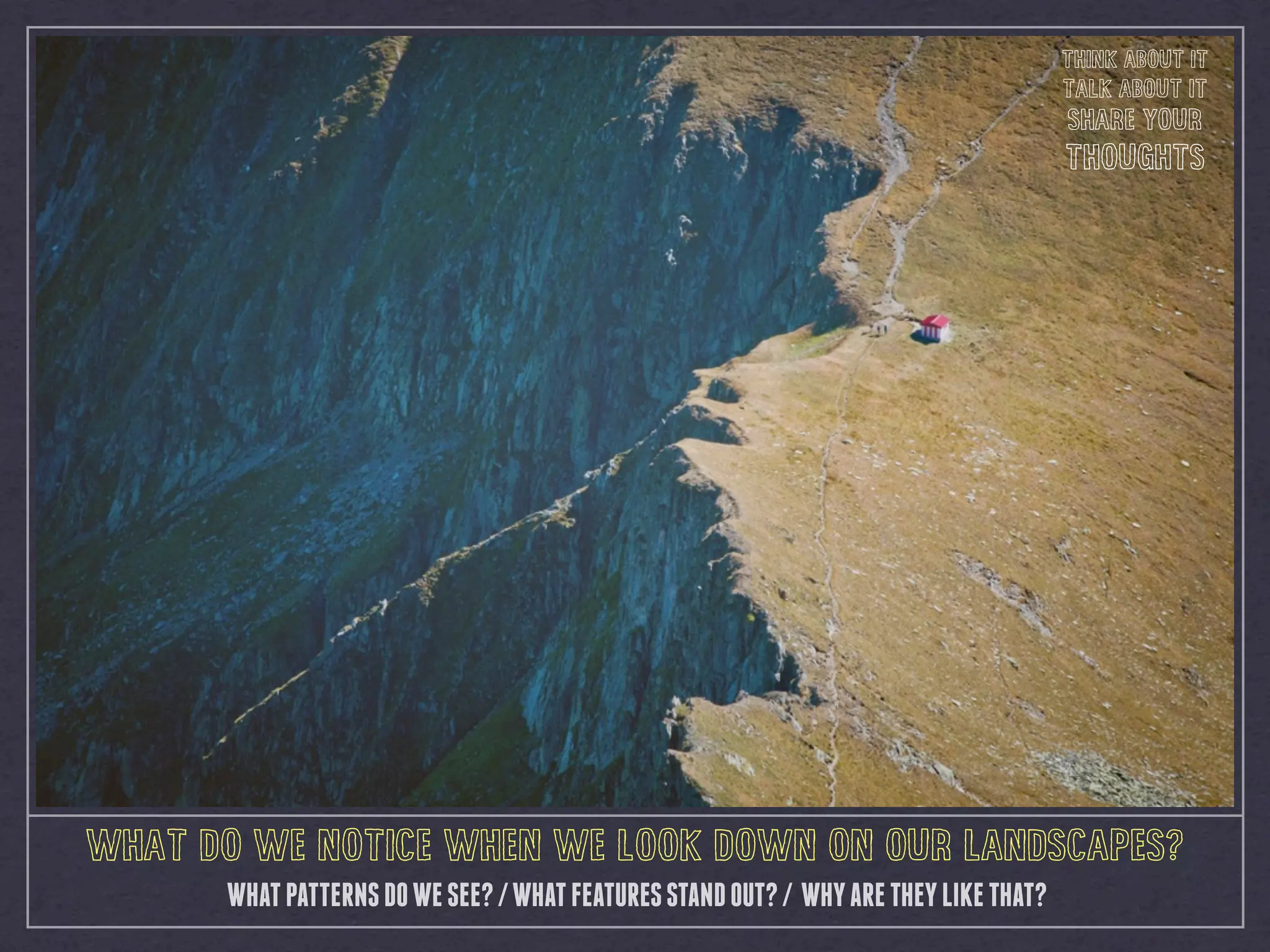 WHAT DO WE NOTICE WHEN WE LOOK DOWN ON OUR LANDSCAPES?
WHATPATTERNSDOWESEE?/WHATFEATURESSTANDOUT?/ WHYARETHEYLIKETHAT?
THINK ABOUT IT
TALK ABOUT IT
SHARE YOUR
THOUGHTS
 