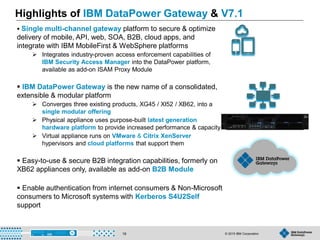 © 2015 IBM Corporation19
Highlights of IBM DataPower Gateway & V7.1
 Single multi-channel gateway platform to secure & optimize
delivery of mobile, API, web, SOA, B2B, cloud apps, and
integrate with IBM MobileFirst & WebSphere platforms
 Integrates industry-proven access enforcement capabilities of
IBM Security Access Manager into the DataPower platform,
available as add-on ISAM Proxy Module
 IBM DataPower Gateway is the new name of a consolidated,
extensible & modular platform
 Converges three existing products, XG45 / XI52 / XB62, into a
single modular offering
 Physical appliance uses purpose-built latest generation
hardware platform to provide increased performance & capacity
 Virtual appliance runs on VMware & Citrix XenServer
hypervisors and cloud platforms that support them
 Easy-to-use & secure B2B integration capabilities, formerly on
XB62 appliances only, available as add-on B2B Module
 Enable authentication from internet consumers & Non-Microsoft
consumers to Microsoft systems with Kerberos S4U2Self
support
 