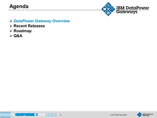 © 2015 IBM Corporation2
Agenda
 DataPower Gateway Overview
 Recent Releases
 Roadmap
 Q&A
 