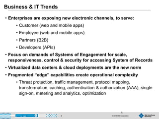 © 2015 IBM Corporation5
5
Business & IT Trends
• Enterprises are exposing new electronic channels, to serve:
• Customer (web and mobile apps)
• Employee (web and mobile apps)
• Partners (B2B)
• Developers (APIs)
• Focus on demands of Systems of Engagement for scale,
responsiveness, control & security for accessing System of Records
• Virtualized data centers & cloud deployments are the new norm
• Fragmented “edge” capabilities create operational complexity
• Threat protection, traffic management, protocol mapping,
transformation, caching, authentication & authorization (AAA), single
sign-on, metering and analytics, optimization
 