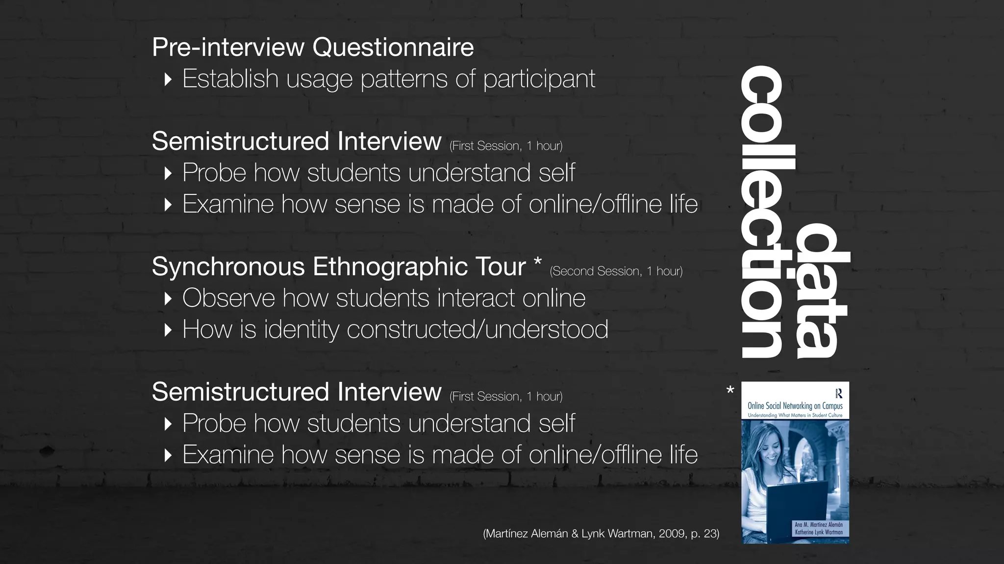 Pre-interview Questionnaire

‣ Establish usage patterns of participant
Semistructured Interview (First Session, 1 hour)
‣ Probe how students understand self
‣ Examine how sense is made of online/oﬄine life
Synchronous Ethnographic Tour * (Second Session, 1 hour)

‣ Observe how students interact online
‣ How is identity constructed/understood
Semistructured Interview (First Session, 1 hour)
‣ Probe how students understand self
‣ Examine how sense is made of online/oﬄine life
data
collection
*
(Martínez Alemán & Lynk Wartman, 2009, p. 23)
 