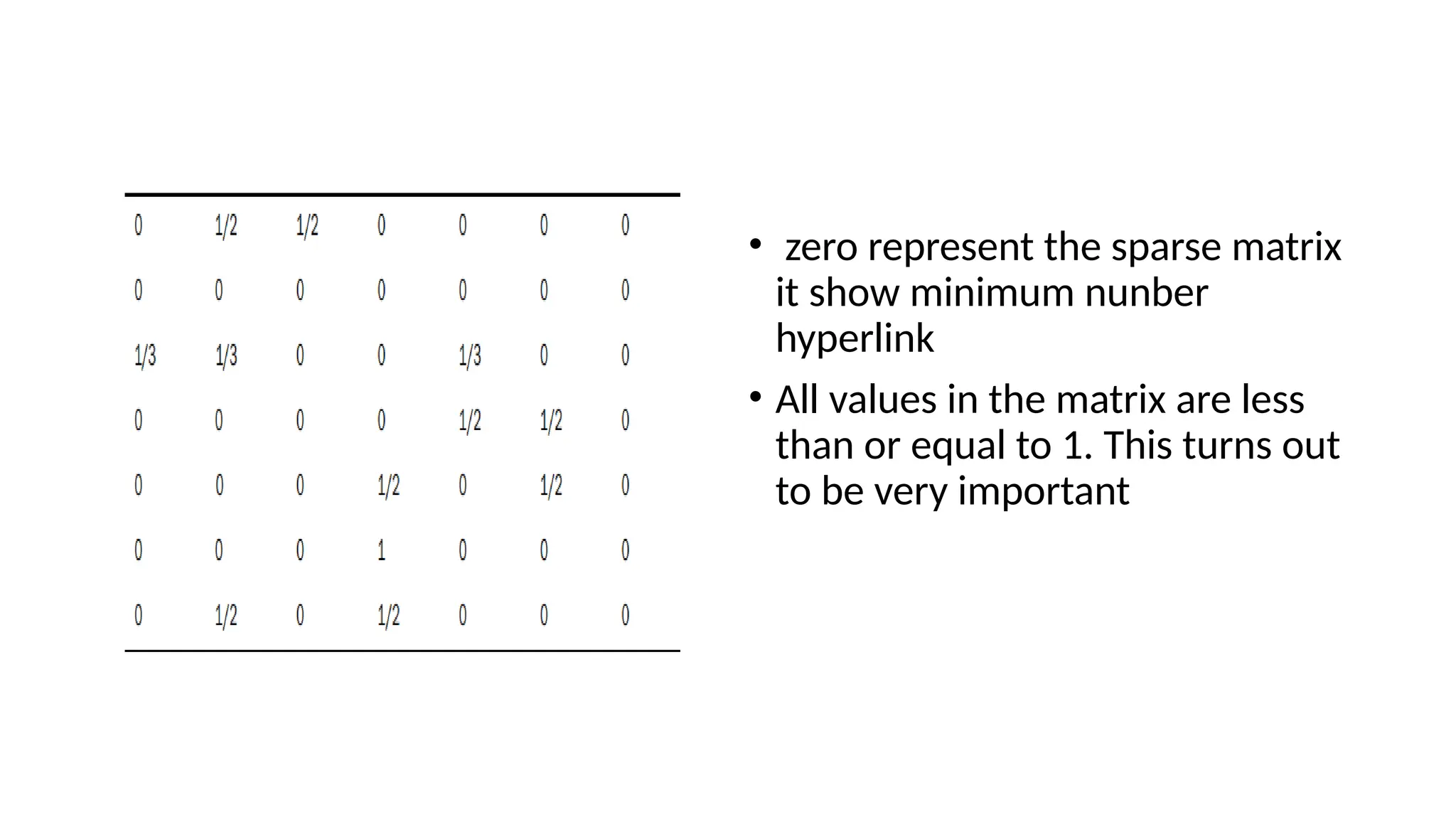 • zero represent the sparse matrix
it show minimum nunber
hyperlink
• All values in the matrix are less
than or equal to 1. This turns out
to be very important
 