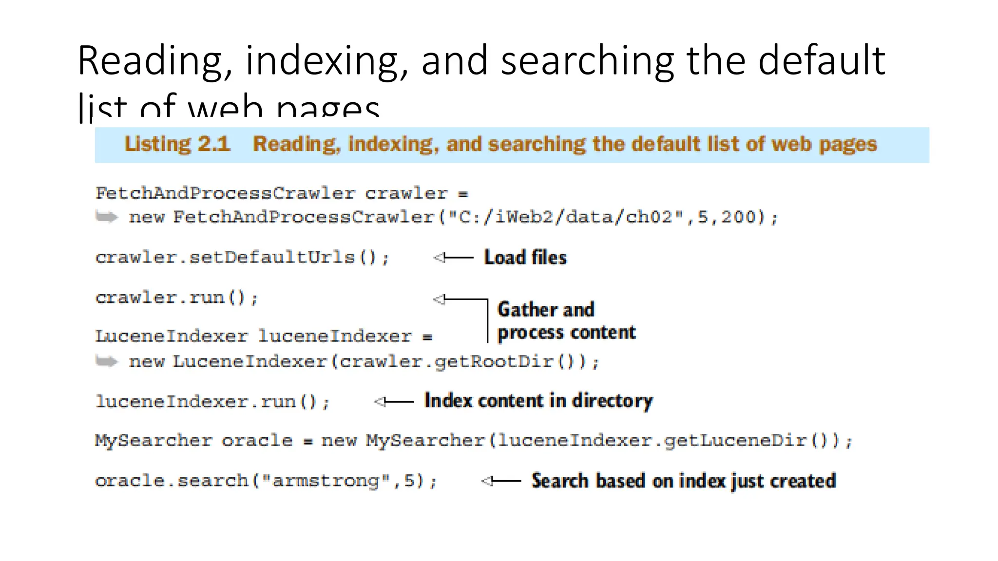 Reading, indexing, and searching the default
list of web pages
 