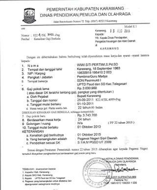 PEM TRINTAH KABUPATEN KARAWANG
D|NAS P=NilIDIKAN, PEMUDA DAN OLAHRAGA
"Iaian Surctoi<ultr: ]-Jomr-rr 72 Tetp. {A267} 4fi5215 K.ariiwang
h,loiiel E.1
Karawang' fi$ ilii$ 4fi13
idr:nrar , S22.4,rgK ]l{2--pgc' Kepada:
Perihai , i<.".,uik*r, Gaji Berkaia Yth" Kepda Dinas Penciapatan'
Pengelr:la Keuangan dan Asei Daerah
di
KARAWANG
D*ngan ini ctiberitahuliat bahwa bcrhubung telah clipenuhinl'a *otu kerja clan syarat - syaral
I " ^-,, -.1-,i rt )aLHJ
1. lrlama :WIWIGITI PERTI'1f|,S'Pd'SD
?.. Tempat dan hnggal lahir : Karawang, I8 $eptember 1963
3. NIP i Karpeg : 19s3s$1& 1sS41C 2 003
4.PangkatlJabatan:Pembina/GuruMadya
5. Tempat bekeria : SDN PasirmuHi I
UPTD Paud dan $D Kee.Telagasari
6. Gaji pokoklama ; RP-3.03S'900
t aiai dasar SK terakhir tentang gai!, pangkat yang ditentukan )
a. Sleh Pe.labat : BuPati Karawang
b. Tangga{ dan n*mor : 26-03-2S11 822.4iSK"4099-Peg
c. Tanggal mulei beriaku : fi1-10-2$i 1
d. Masa kerja gcl. Pada waldu tsb- : 2? hhun St] birlan
DIBERIKAN KENAIKAN CA Jl BERKALA. selii:rgga ni eiliperoleh :
lainnva
?. GaJi pakok baru
6. Berdasarkan masa kerja
g Golongan / ruang
10, Tanggal mulai berlaku
KETERANGAT-J
a. Kenailsan gaii berikutnYa
b. Yang bersangkutan adalah
c. Pendidikan sesuai EK
Rp.3.743.7*0
24 tahun
lV/a
01 Oktober 2013
( FF 22 tshun 2013 )
01 Qktaber 2015
Pegawai Negeri$iPil Daerah -
s"tt*.tv PG$D UT 2CI0$ ..-..
Sesuai,Jengalperatru'an Peirenntah nom{ir?2tahrui 2t}i3 cliharapkan agar kepada Pegaivai Negeri
tersebut dibayarkan penghasilannyz berdasarkan gali pokok yarlg bai-u.
TEITIBUSAN : disamPaikan kePada
1. lnspektw Kab. Karawang ;
2. Kepala BKD Kab. Karawang;
3. Kepala UFIO Paud dan Sn Ksc.Talagalari
4. Fegawai yans bersan$kutan ur*uk diketahui dan
dipergunakan sebagirnana mes{inya.
MUDA DAN OLA.HRAGA
rgsstotz 1s9203 1 009
DINAS PENDIDIKAN,
''l.o nt
'":"t'"'
, ,;l ,,.
 