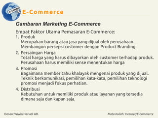 E-Commerce 
Gambaran Marketing E-Commerce 
Empat Faktor Utama Pemasaran E-Commerce: 
1. Produk 
Merupakan barang atau jasa yang dijual oleh perusahaan. 
Membangun persepsi customer dengan Product Branding. 
2. Persaingan Harga 
Total harga yang harus dibayarkan oleh customer terhadap produk. 
Perusahaan harus memiliki sense menentukan harga 
3. Promosi 
Bagaimana memberitahu khalayak mengenai produk yang dijual. 
Teknik berkomunikasi, pemilihan kata-kata, pemilihan teknologi 
promosi menjadi fokus perhatian. 
4. Distribusi 
Kebutuhan untuk memiliki produk atau layanan yang tersedia 
dimana saja dan kapan saja. 
Dosen: Wiwin Heriadi AD. Mata Kuliah: Internet/E-Commerce 
 