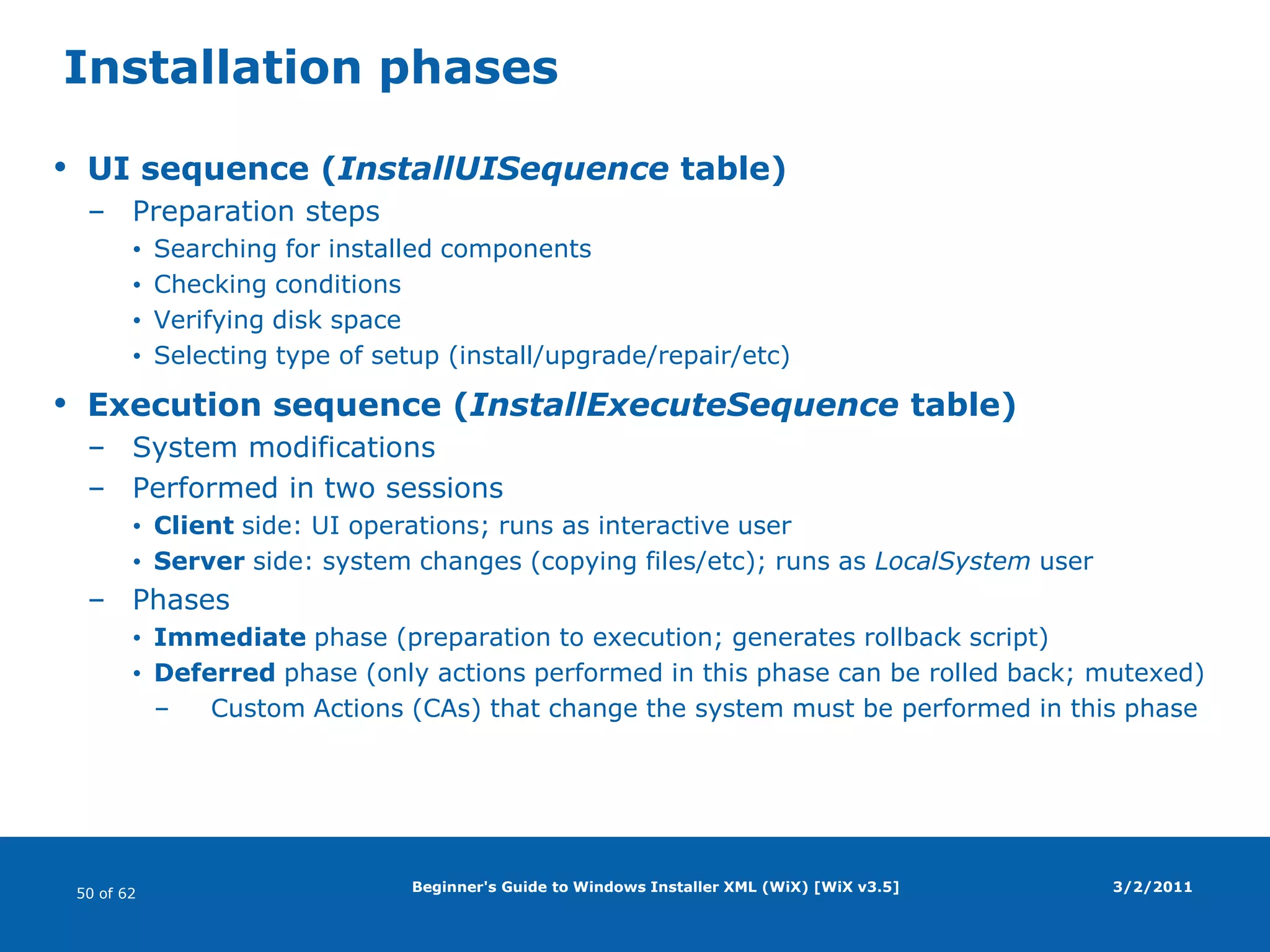 Beginner's Guide to Windows Installer XML (WiX) [WiX v3.5]WiX project templatesVisual Studio projectsWindows Installer XMLSetup ProjectCreates MSI packageMerge Module ProjectCreates MSM packageLibrary ProjectCreates WIXLIB package for use by other WiX projects(C# | VB | C++) Custom Action ProjectCreates a module implementing a custom action3/2/2011