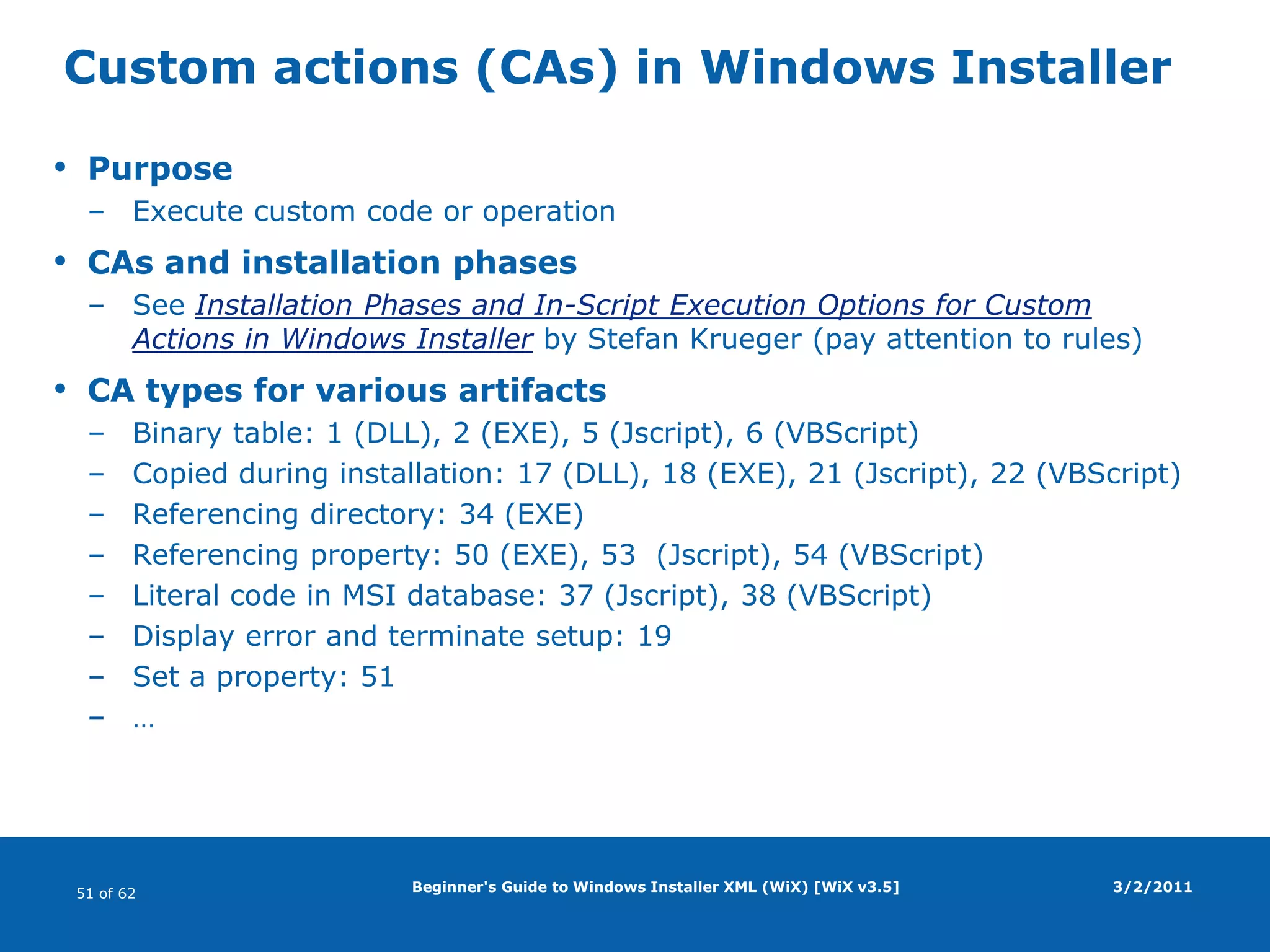 FilesSolution file: 	.slnProject file: 		.wixprojSource file(s): 	.wxsInclude file(s): 	.wxi(optional)Localization file(s): 	.wxl(optional)Build process (simplified)Beginner's Guide to Windows Installer XML (WiX) [WiX v3.5]WiX project3/2/2011Source(.wxs)Source(.wxs)CandleLightMSIfileSource(.wxs)Source(.wxs)Library(.wixlib)Source(.wxs)Intermediate(.wixobj)Include(.wxi)