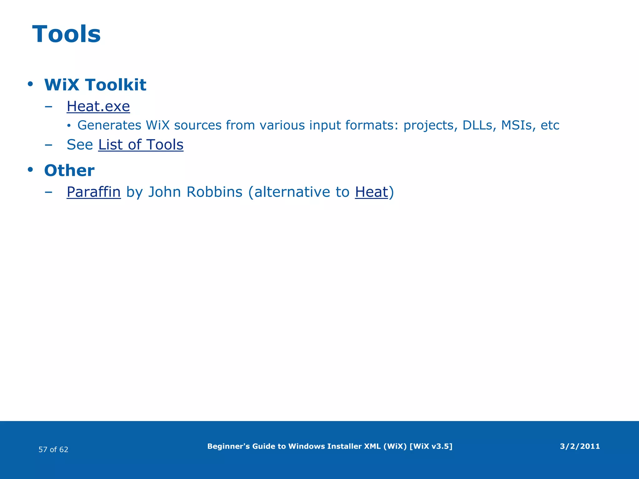 Beginner's Guide to Windows Installer XML (WiX) [WiX v3.5]Install levelsPurposeAllow selective feature installationValues 0 : feature will not be installed 1 : default installation level>1 : use for selective installation3/2/2011