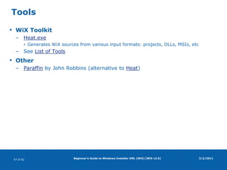 Beginner's Guide to Windows Installer XML (WiX) [WiX v3.5]Install levelsPurposeAllow selective feature installationValues 0 : feature will not be installed 1 : default installation level>1 : use for selective installation3/2/2011