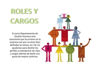 Si como Departamento de
      Gestión Humana eres
consciente que los errores en la
empresa son por no tener bien
 definidas las tareas; en J & J te
   ayudamos para diseñar los
perfiles y estandarizar los roles
 y cargos además de darte una
   pauta de mejora continua.
 