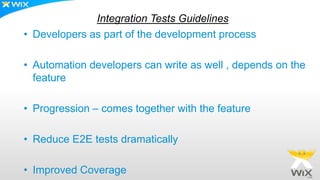 Integration Tests Guidelines
• Developers as part of the development process
• Automation developers can write as well , depends on the
feature
• Progression – comes together with the feature
• Reduce E2E tests dramatically
• Improved Coverage
 