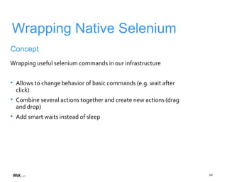 20
Wrapping Native Selenium
Concept
Wrapping useful selenium commands in our infrastructure
• Allows to change behavior of basic commands (e.g. wait after
click)
• Combine several actions together and create new actions (drag
and drop)
• Add smart waits instead of sleep
 