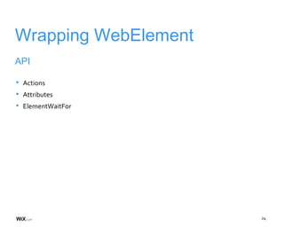 24
Wrapping WebElement
API
• Actions
• Attributes
• ElementWaitFor
 