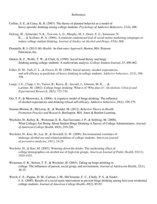 References
Collins, S. E., & Carey, K. B. (2007). The theory of planned behavior as a model of
heavy episodic drinking among college students. Psychology of Addictive Behaviors, 21(4), 498.
DeJong, W., Schneider, S. K., Towvim, L. G., Murphy, M. J., Doerr, E. E., Simonsen, N.
R., ... & Scribner, R. A. (2006). A multisite randomized trial of social norms marketing campaigns to
reduce college student drinking. Journal of Studies on Alcohol and Drugs, 67(6), 868.
Donatelle, R. J. (2013) My Health: An Outcomes Approach. Boston, MA: Pearson
Education, Inc.
Durkin, K. F., Wolfe, T. W., & Clark, G. (1999). Social bond theory and binge
drinking among college students: A multivariate analysis. College Student Journal, 33, 450-462.
Gilles, D. M., Turk, C. L., & Fresco, D. M. (2006). Social anxiety, alcohol expectancies,
and self-efficacy as predictors of heavy drinking in college students. Addictive behaviors, 31(3), 388-
398.
Lange, J. E., Clapp, J. D., Turrisi, R., Reavy, R., Jaccard, J., Johnson, M. B., ... &
Larimer, M. (2002). College binge drinking: What is it? Who does it?. Alcoholism: Clinical and
Experimental Research, 26(5), 723-730.
Oei, T. P., & Morawska, A. (2004). A cognitive model of binge drinking: The influence
of alcohol expectancies and drinking refusal self-efficacy. Addictive behaviors, 29(1), 159-179.
Simons-Morton, B., McLeroy, K., & Wendel, M. (2012). Behavior Theory in Health
Promotion Practice and Research. Burlington, MA: Jones & Bartlett Learning.
Wechsler, H., Kelley, K., Weitzman, E. R., San Giovanni, J. P., & Seibring, M. (2000).
What Colleges Are Doing About Student Binge Drinking A Survey of College Administrators. Journal
of American College Health, 48(5), 219-226.
Wechsler, H., Kuo, M., Lee, H., & Dowdall, G. W. (2000). Environmental correlates of
underage alcohol use and related problems of college students. American journal
of preventive medicine, 19(1), 24-29.
Wechsler, H., & Kuo, M. (2003). Watering down the drinks: The moderating effect of
college demographics on alcohol use of high-risk groups. American Journal of Public Health, 93(11),
1929-1933.
Weitzman, E. R., Nelson, T. F., & Wechsler, H. (2003). Taking up binge drinking in
college: The influences of person, social group, and environment. Journal of Adolescent Health, 32(1),
26-35.
Werch, C. E., Pappas, D. M., Carlson, J. M., DiClemente, C. C., Chally, P. S., & Sinder,
J. A. (2000). Results of a social norm intervention to prevent binge drinking among first-year residential
college students. Journal of American College Health, 49(2), 85-92.
 