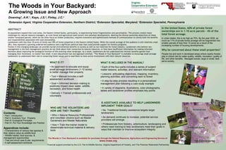 The Woods in Your Backyard is available for purchase through the Natural Resource, Agriculture and Engineering Service at:  www.nraes.org Financial support provided by the U.S. Fish & Wildlife Service, Virginia Department of Forestry, and The Potomac Watershed Partnership The Woods in Your Backyard: A Growing Issue and New Approach Downing*, A.K. 1 ;  Kays, J.S. 2 ; Finley, J.C. 3 1 Extension Agent, Virginia Cooperative Extension, Northern District;  2 Extension Specialist, Maryland;  3 Extension Specialist, Pennsylvania In the United States, 60% of private forest ownerships are in 1-10 acre parcels – 4% of the total forest acreage.  In urban states, this is as high as 75%. By the year 2030, as much as 11% of private forest acreage will be fragmented into smaller parcels of less than 10 acres as a result of the increasing number of housing developments.  Why be concerned about these small properties? People live and work in developed areas where nearby forests play a critical role for water quality, wildlife, recreation, quality of life, and other benefits.  Managed woods, large or small, best serve society. Contents:   Part I: Introduction   Part II: Inventory Your  Property   Part III: Ecological Principles   Part IV: Put Your Knowledge into Practice Appendices include:   Characteristics of various tree species &  their relative value as wildlife food   Wildlife habitat, food sources, & management opportunities   Tree and shrub uses & site requirements     A self-assessment workbook ,[object Object],[object Object],[object Object],[object Object],[object Object],[object Object],[object Object],[object Object],[object Object],[object Object],[object Object],[object Object],[object Object],[object Object],[object Object],[object Object],[object Object],Creating Natural Areas   Two 3-acre properties 2 acres natural area No natural area As populations expand into rural areas, the Eastern United States, particularly, is experiencing forest fragmentation and parcelization. This process creates major challenges for natural resource managers, as rural forest and agriculture land convert into suburban developments. Meeting the diverse ownership objectives on these smaller forestland parcels, which do not often focus on timber production, requires innovative and sophisticated methods of communication to convey both the benefits and responsibilities associated with land stewardship. Landowners with less than 10 acres of forest own 59% of forest properties in the Eastern United States. While the overall acreage of this audience is still relatively small (8%), they represent a growing underserved audience and a significant political base that could provide support for forestry programs. Forests in this changing landscape can provide myriad environmental benefits to society as well as raw materials for forest industry. Landowners who believe non-management is the best management practice do not think about their connection to natural resources, or they have insufficient information for making informed decisions about improving the ecological function of this evolving urban landscape. As a result, landowners do not understand the intrinsic benefits gained from managing their forestland, no matter how small. A new educational tool and approach entitled, “The Woods in Your Backyard” is available to encourage small acreage landowners to understand their role in conserving forest values and to lead them to more active involvement with their natural resources.  ABSTRACT 
