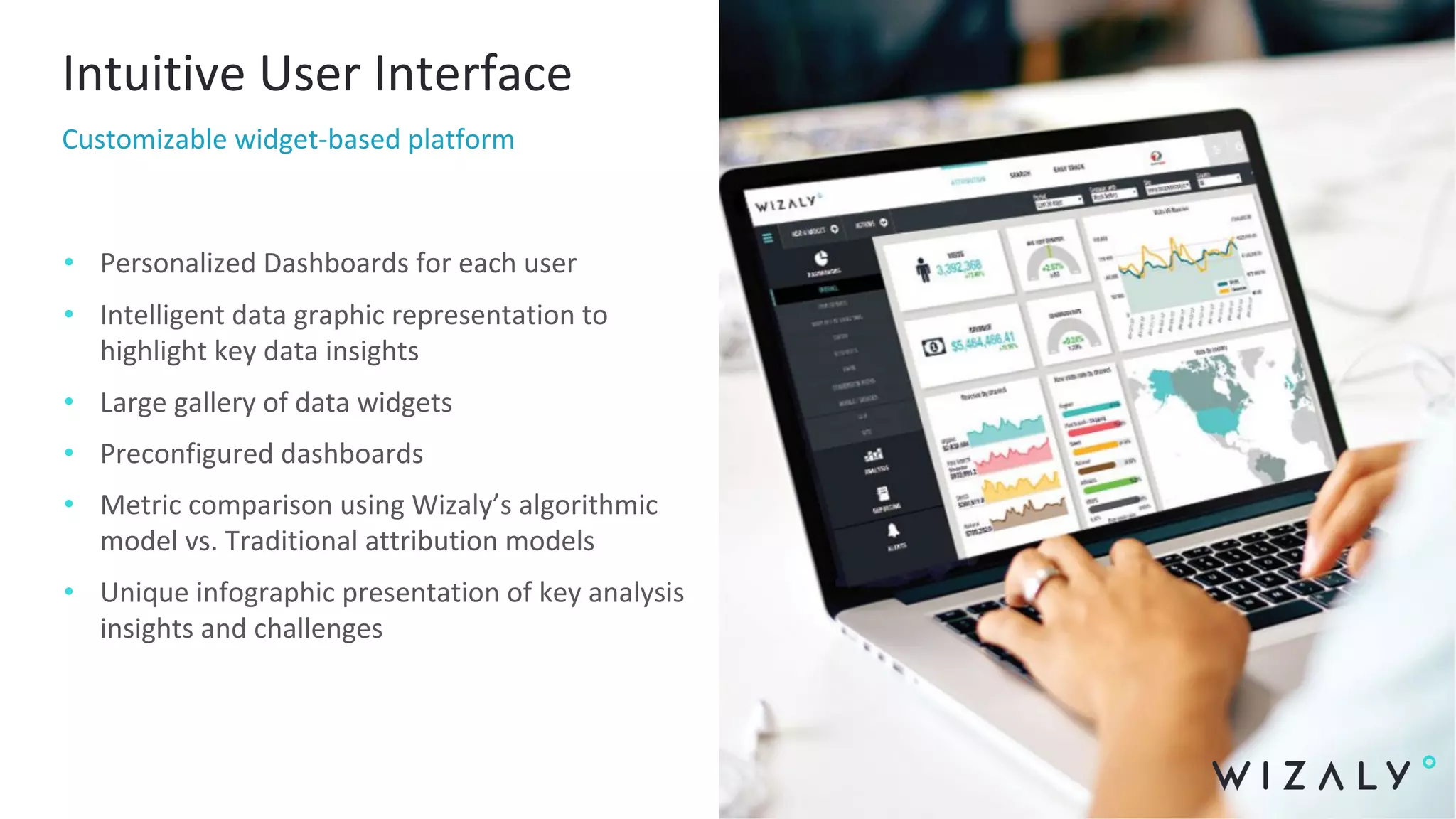 Intuitive User Interface
• Personalized Dashboards for each user
• Intelligent data graphic representation to
highlight key data insights
• Large gallery of data widgets
• Preconfigured dashboards
• Metric comparison using Wizaly’s algorithmic
model vs. Traditional attribution models
• Unique infographic presentation of key analysis
insights and challenges
Customizable widget-based platform
 
