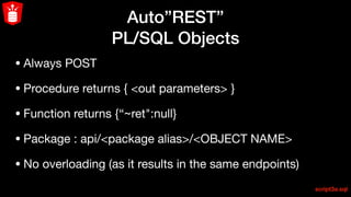 Auto”REST”
PL/SQL Objects
• Always POST

• Procedure returns { <out parameters> }

• Function returns {“~ret":null} 

• Package : api/<package alias>/<OBJECT NAME>

• No overloading (as it results in the same endpoints)
script3a.sql
 