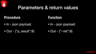 Parameters & return values
Procedure
• In - json payload

• Out - {“p_result”:9}
script3b.sql
Function

• In - json payload

• Out - {“~ret”:9}
 