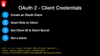 OAuth 2 - Client Credentials
curl -i -k --user <Client ID>:<Client Secret> 
—data "grant_type=client_credentials" 
https://localhost:8443/ords/pdb191/api/oauth/token
1
2
3
4
Create an OAuth Client
Grant Role to Client
Get Client ID & Client Secret
Get a token
 