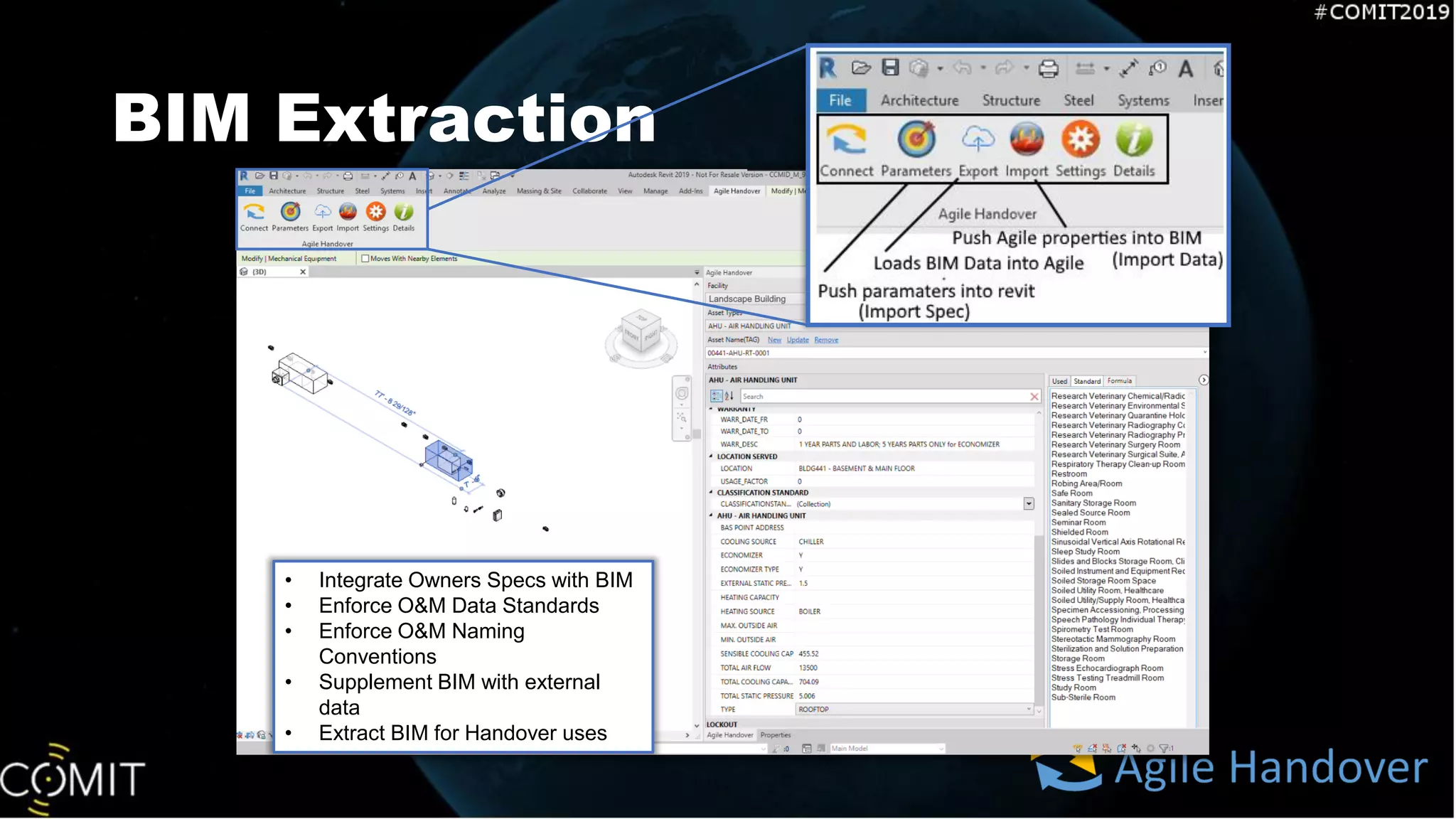 BIM Extraction
• Integrate Owners Specs with BIM
• Enforce O&M Data Standards
• Enforce O&M Naming
Conventions
• Supplement BIM with external
data
• Extract BIM for Handover uses
 