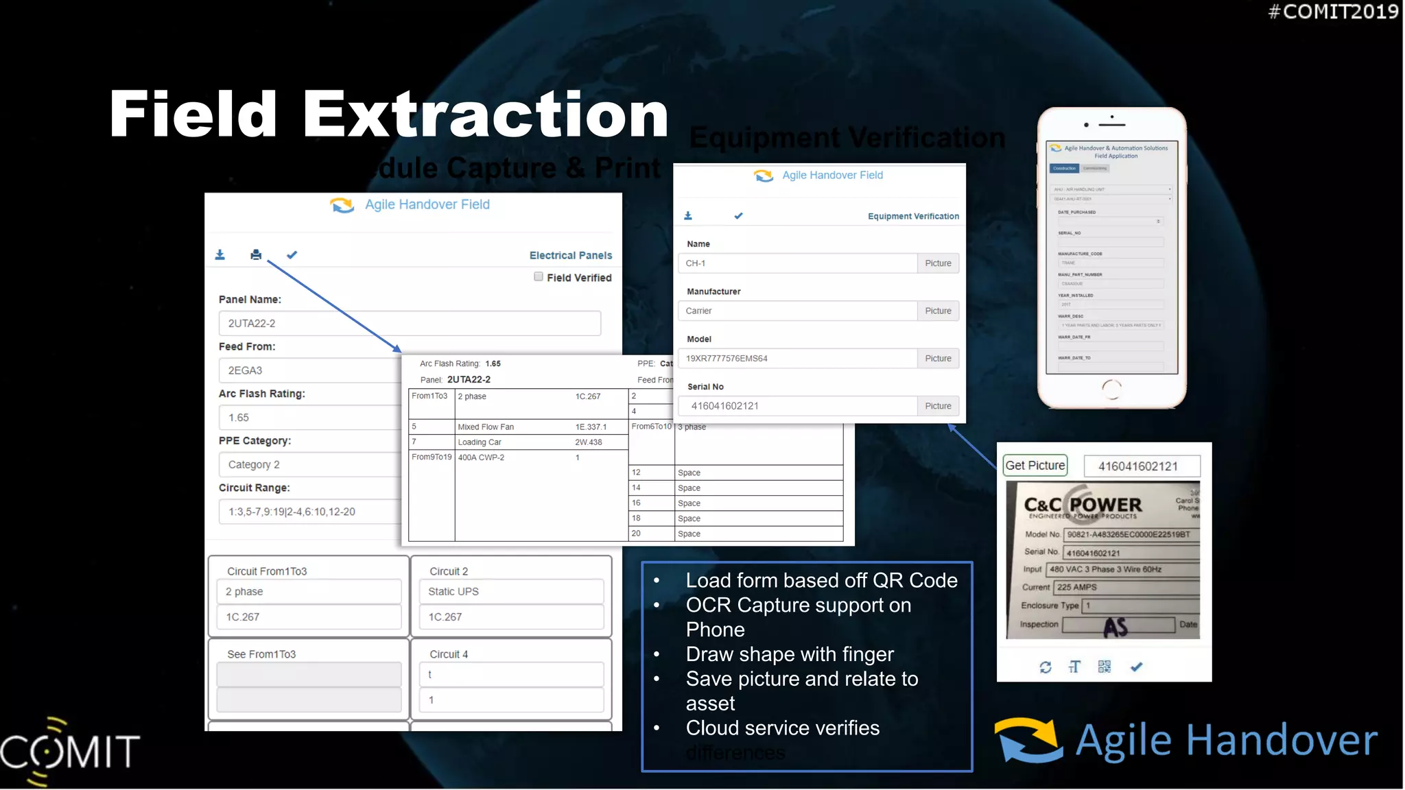 Field Extraction
416041602121
• Load form based off QR Code
• OCR Capture support on
Phone
• Draw shape with finger
• Save picture and relate to
asset
• Cloud service verifies
differences
Panel Schedule Capture & Print
Equipment Verification
 