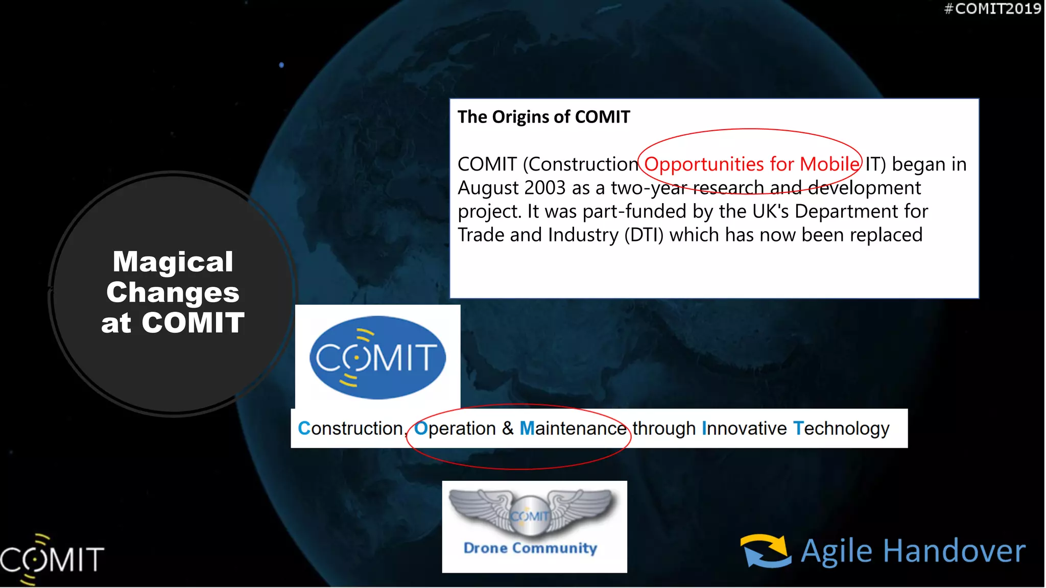 The Origins of COMIT
COMIT (Construction Opportunities for Mobile IT) began in
August 2003 as a two-year research and development
project. It was part-funded by the UK's Department for
Trade and Industry (DTI) which has now been replaced by
the Department for Business Innovation and Skills (BIS).Magical
Changes
at COMIT
 