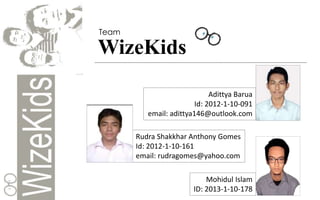 Team
WizeKids
Adittya Barua
Id: 2012-1-10-091
email: adittya146@outlook.com
Rudra Shakkhar Anthony Gomes
Id: 2012-1-10-161
email: rudragomes@yahoo.com
Mohidul Islam
ID: 2013-1-10-178
 