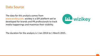 3
Data Source
The data for this analysis comes from
www.wizikey.com. wizikey is a DIY platform we’ve
developed for brands and PR professionals to track
media happenings and maximize their visibility.
The duration for the analysis is 1 Jan 2014 to 1 March 2015.
 