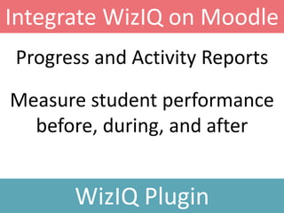 Measure student performance
before, during, and after
Integrate WizIQ on Moodle
WizIQ Plugin
Progress and Activity Reports
 
