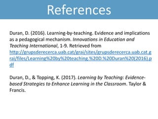 References
Duran, D. (2016). Learning-by-teaching. Evidence and implications
as a pedagogical mechanism. Innovations in Education and
Teaching International, 1-9. Retrieved from
http://grupsderecerca.uab.cat/grai/sites/grupsderecerca.uab.cat.g
rai/files/Learning%20by%20teaching.%20D.%20Duran%20(2016).p
df
Duran, D., & Topping, K. (2017). Learning by Teaching: Evidence-
based Strategies to Enhance Learning in the Classroom. Taylor &
Francis.
 