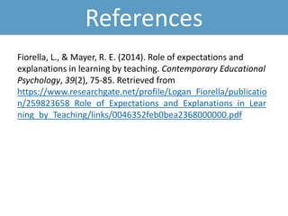 References
Fiorella, L., & Mayer, R. E. (2014). Role of expectations and
explanations in learning by teaching. Contemporary Educational
Psychology, 39(2), 75-85. Retrieved from
https://www.researchgate.net/profile/Logan_Fiorella/publicatio
n/259823658_Role_of_Expectations_and_Explanations_in_Lear
ning_by_Teaching/links/0046352feb0bea2368000000.pdf
 