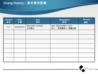 Chang History -  版本更改記錄  Add: “Stakeholder” Term 加入 : “ 利害關係人” 相關名詞 Document Creation 文件建立 2010/07/31 0.1 Remark 備註    Description 說明 Item 項目 Date 日期 Version 版本 